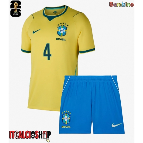 Brasile Marquinhos #4 Prima Maglia Bambino Mondiali 2026 Manica Corta (+ Pantaloni corti)